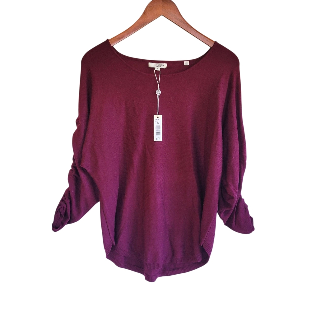Max Studio Boat Neck 3/4 Rouched Sleeve Top Burgandy Womens Small